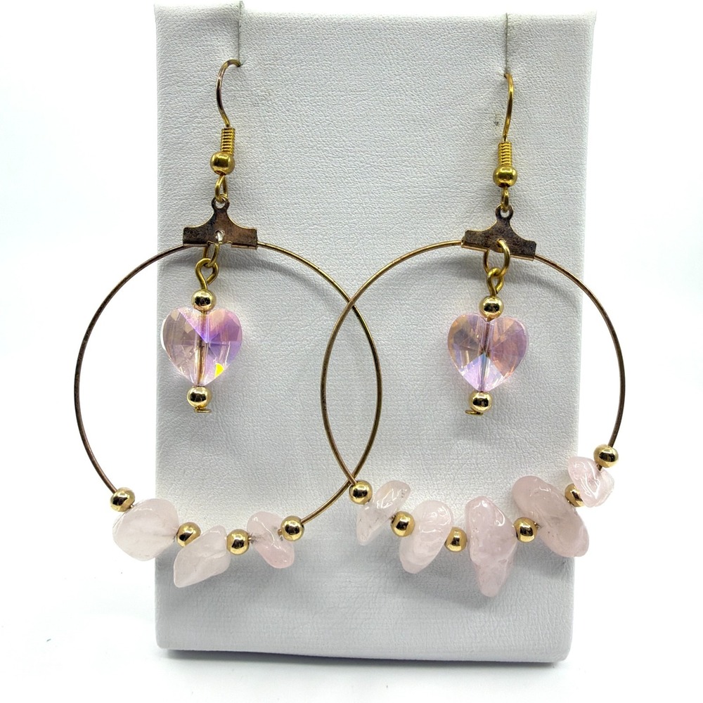 Pink Crystal Heart Hoop Earrings Rose Quartz Beads Boho Celestial Jewelry Gift